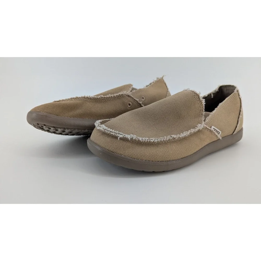 Crocs Santa Cruz Mens Size 8 Khaki Canvas Slip On Loafers Frayed 10128 Tan
